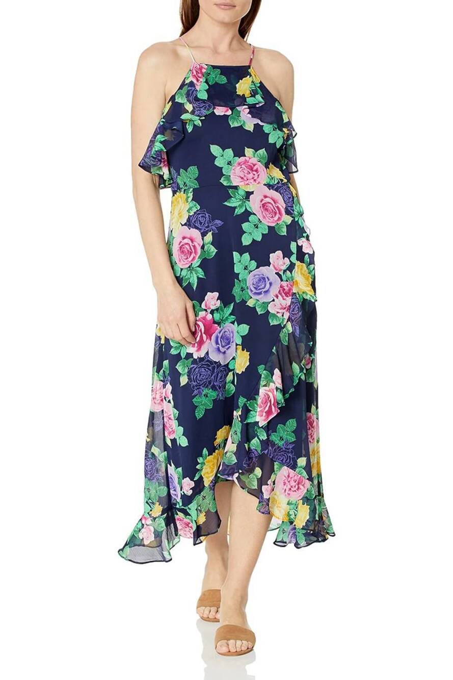 NEW LONDON TIMES floral halter off-the-shoulder dress in navy pink